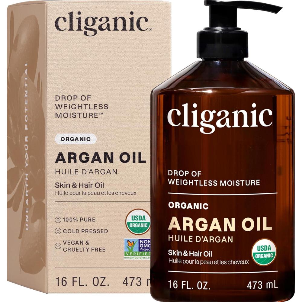 imageCliganic Organic Argan Oil 100 Pure  for Hair Face amp Skin  Natural Cold Pressed Carrier Oil Imported from Morocco16 Fl Oz Pack of 1