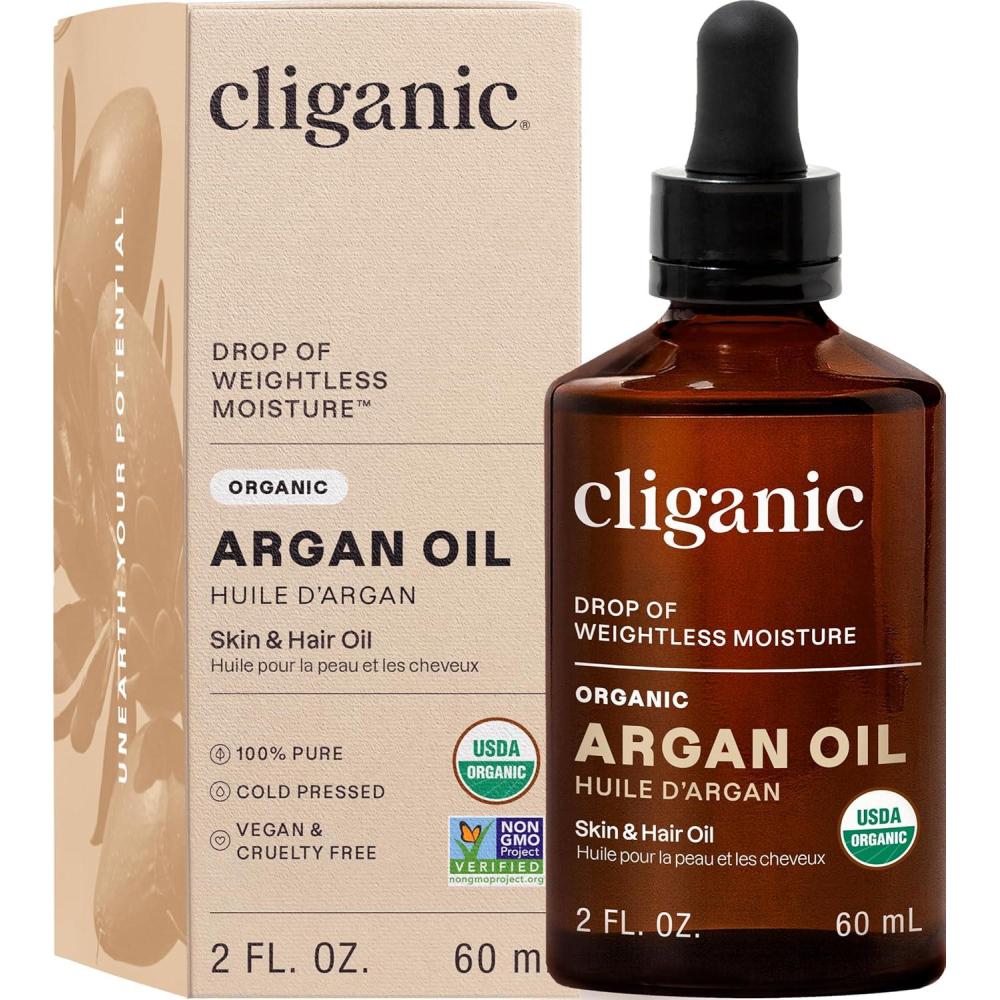 imageCliganic Organic Argan Oil 100 Pure  for Hair Face amp Skin  Natural Cold Pressed Carrier Oil Imported from Morocco2 Fl Oz Pack of 1