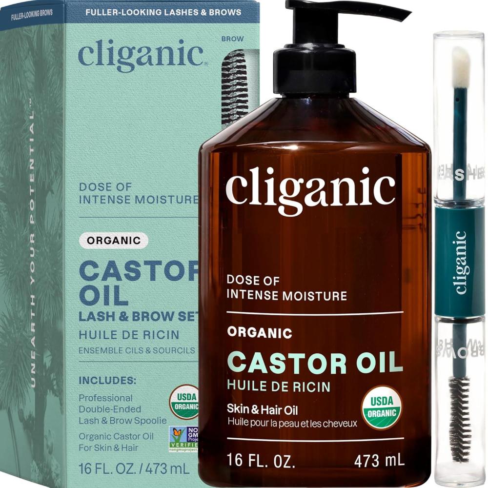 imageCliganic Organic Castor Oil 100 Pure 8oz with Eyelash Kit For Eyelashes Eyebrows Hair amp Skin Bulk Natural Cold Pressed Unrefined HexaneFree DIY Carrier Oil16 Fl Oz Pack of 1