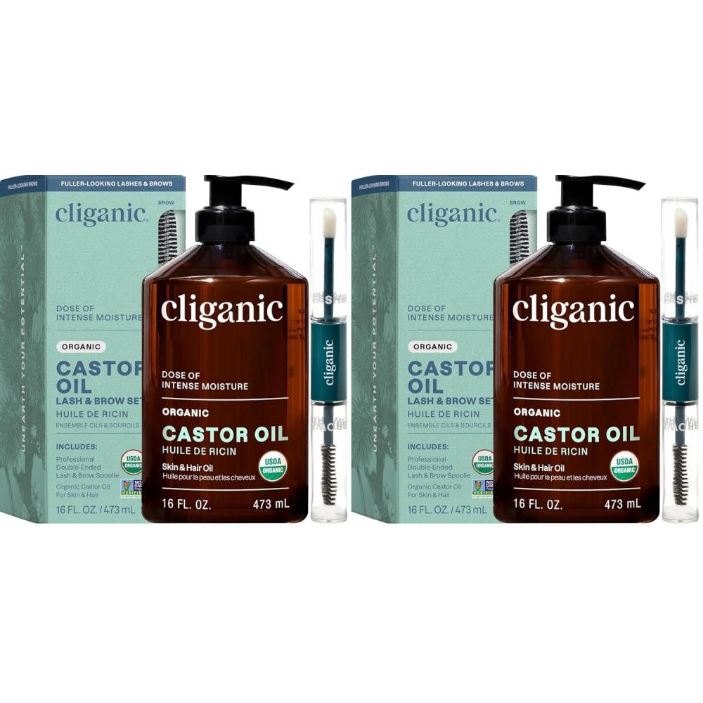 imageCliganic Organic Castor Oil 100 Pure 8oz with Eyelash Kit For Eyelashes Eyebrows Hair amp Skin Bulk Natural Cold Pressed Unrefined HexaneFree DIY Carrier Oil16 Fl Oz Pack of 2