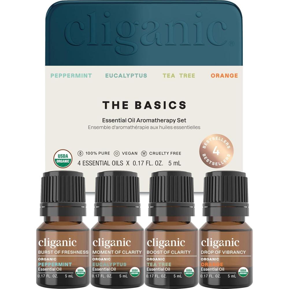 imageCliganic Organic Essential Oils Gift Set Top 4 The Basics 100 Pure Natural Aromatherapy Peppermint Eucalyptus Tea Tree amp Orange017 Fl Oz Pack of 4
