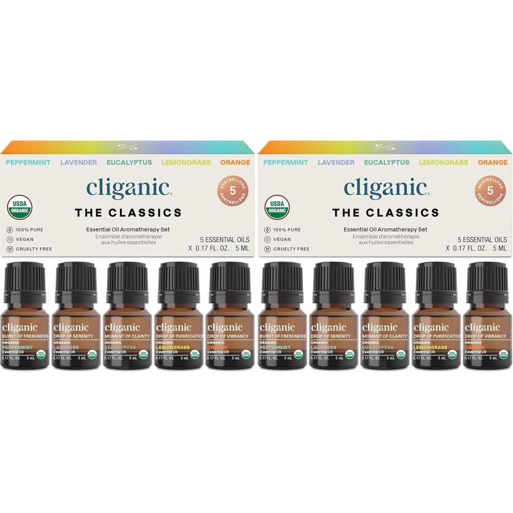 imageCliganic Organic Essential Oils Set Top 5 The Classics 100 Pure Natural Aromatherapy Candle Making Peppermint Lavender Eucalyptus Lemongrass amp Orange017 Fl Oz Pack of 10