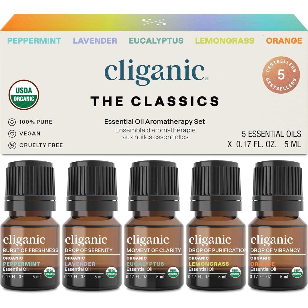 imageCliganic Organic Essential Oils Set Top 5 The Classics 100 Pure Natural Aromatherapy Candle Making Peppermint Lavender Eucalyptus Lemongrass amp Orange017 Fl Oz Pack of 5