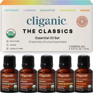 Cliganic Organic Essential Oils Set (Top 5 – The Classics) – 100% Pure Natural – Aromatherapy, Candle Making – Peppermint, Lavender, Eucalyptus, Lemongrass & Orange(0.51 Fl Oz (Pack of 5))
