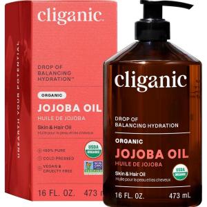 Cliganic Organic Jojoba Oil 16oz with Pump, 100% Pure | Bulk, Moisturizing Oil for Face, Hair, Skin & Nails | Natural Cold Pressed(16 Fl Oz (Pack of 1))