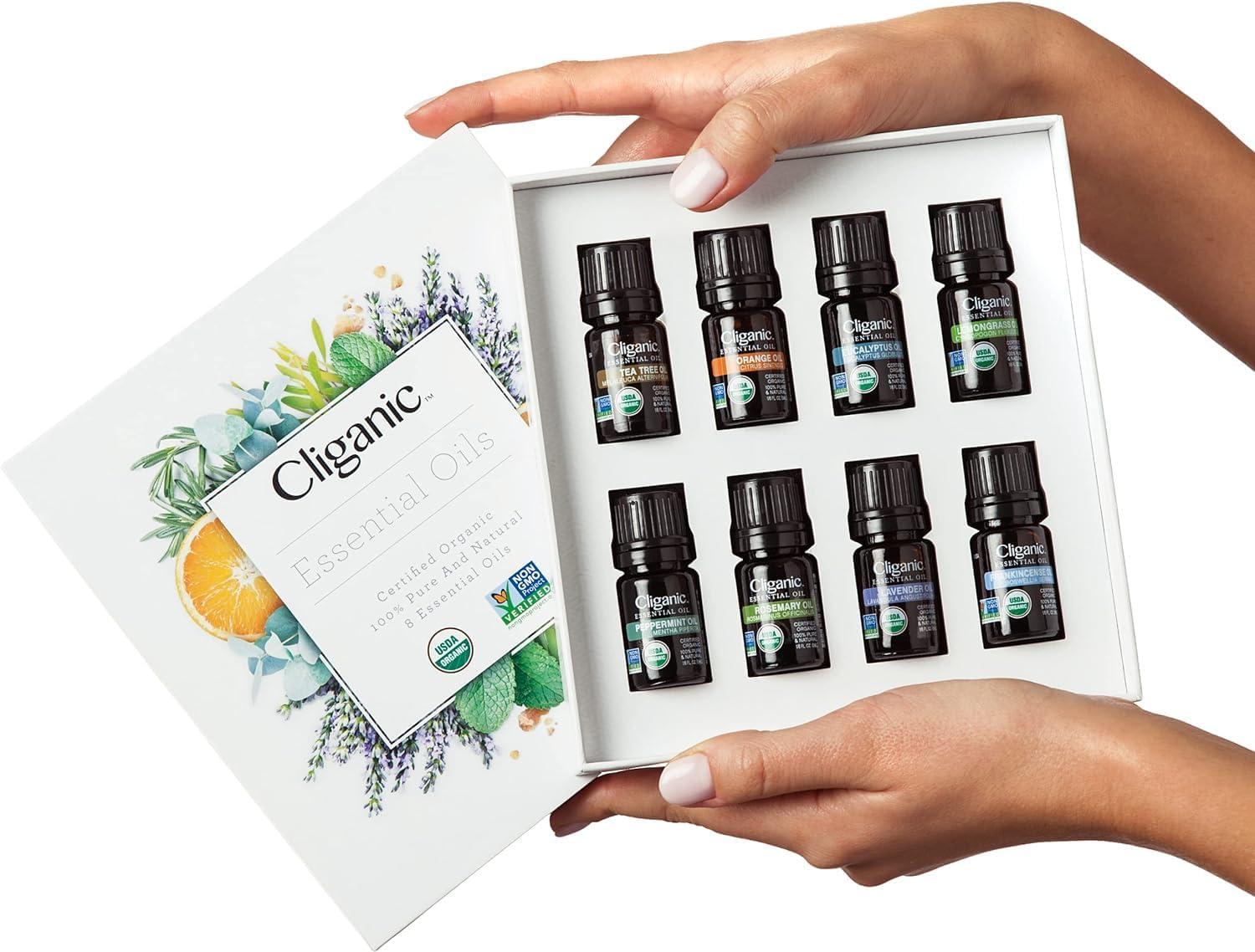 imageCliganic Organic Aromatherapy Essential Oils Gift Set Top 8 The Iconics 100 Pure Peppermint Lavender Eucalyptus Tea Tree Lemongrass Rosemary Frankincense amp Orange05 Fl Oz Pack of 8
