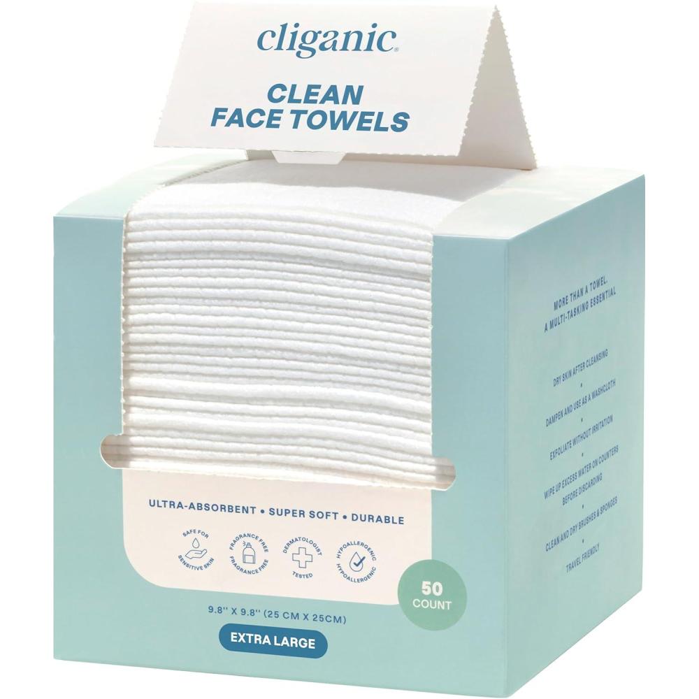 imageCliganic Clean Face Towels XL Disposable UltraAbsorbent Hypoallergenic amp Soft Makeup Remover Dry Wipes Pamper Your Face Feel Fresh amp Radiant Hygienic Towelettes for All Skin Types 50 Ct50 Count Pack of 1