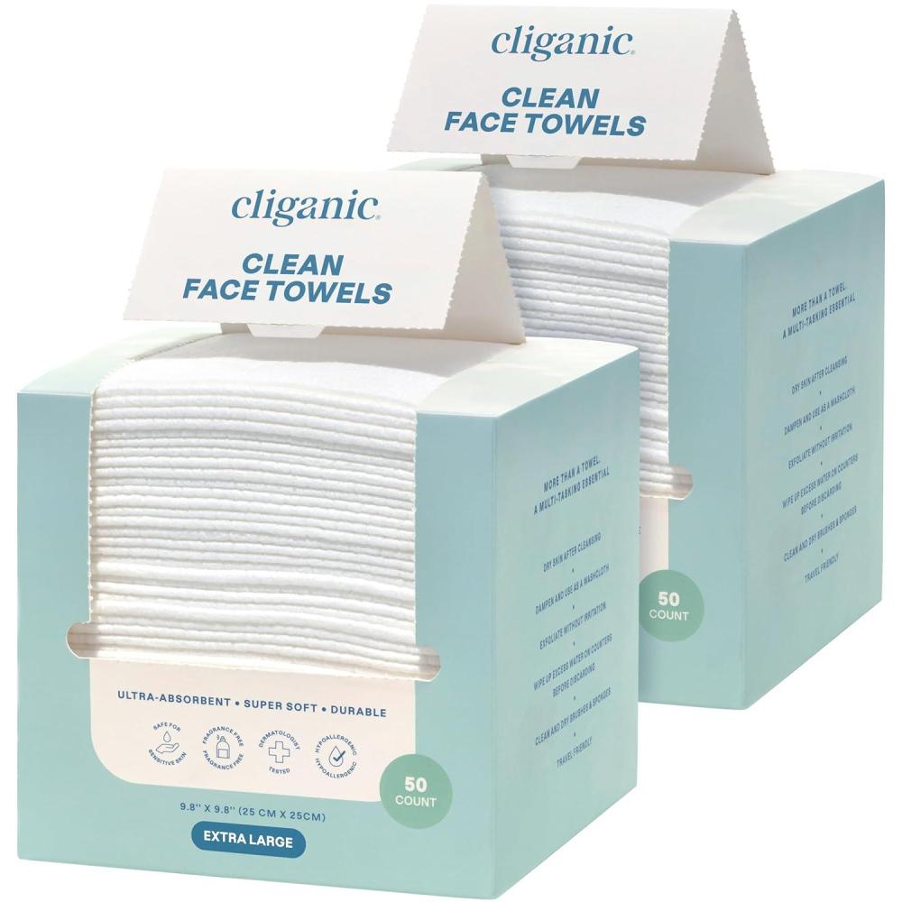 imageCliganic Clean Face Towels XL Disposable UltraAbsorbent Hypoallergenic amp Soft Makeup Remover Dry Wipes Pamper Your Face Feel Fresh amp Radiant Hygienic Towelettes for All Skin Types 50 Ct50 Count Pack of 2
