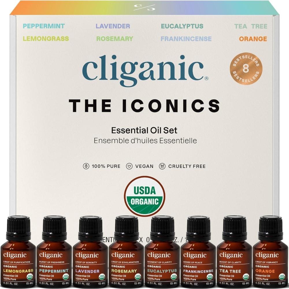 imageCliganic Organic Aromatherapy Essential Oils Gift Set Top 8 The Iconics 100 Pure Peppermint Lavender Eucalyptus Tea Tree Lemongrass Rosemary Frankincense amp Orange05 Fl Oz Pack of 8