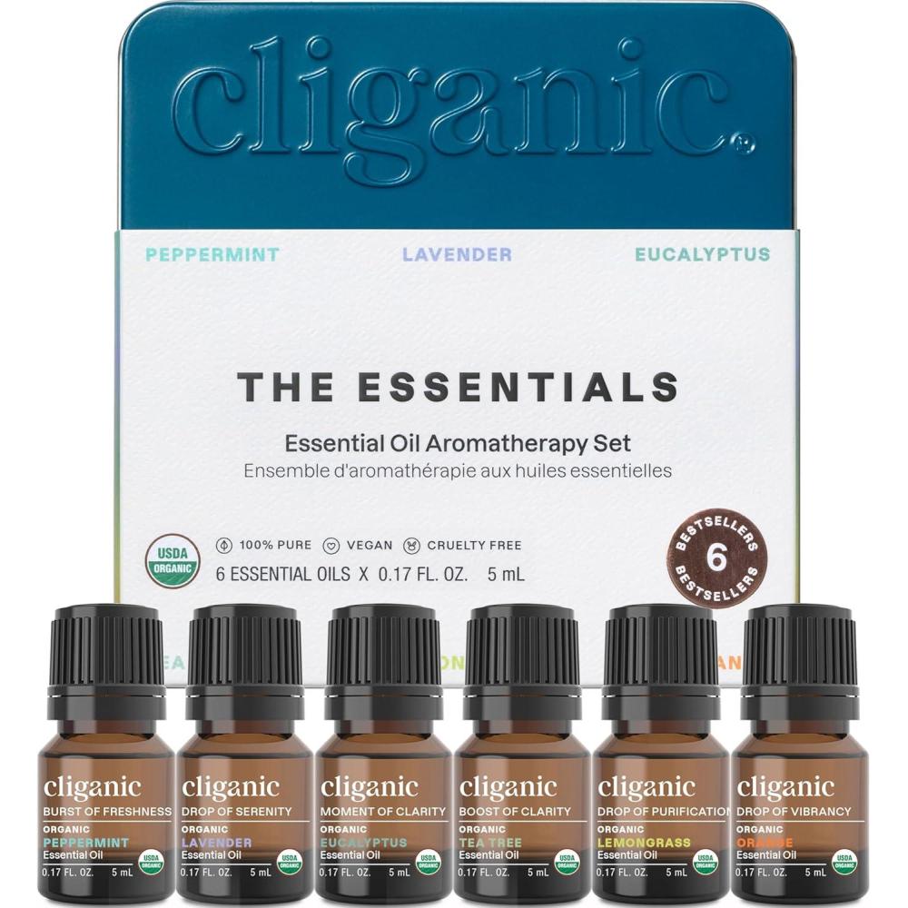 imageCliganic Organic Aromatherapy Essential Oils Set Top 6 The Essentials 100 Pure Natural Peppermint Lavender Eucalyptus Tea Tree Lemongrass amp Orange Packaging May Vary017 Fl Oz Pack of 6