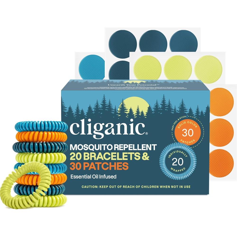 imageCliganic Mosquito Repellent Bracelet Stickers Pack for Kids amp Adults Multi Color Natural DEETFree Essential Oil Infused 20 Bands with 30 Patches Citronella Scent50 Count Pack of 1