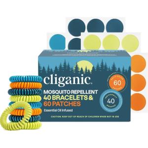 Cliganic Mosquito Repellent Bracelet Stickers Pack for Kids & Adults Multi Color, Natural DEET-Free, Essential Oil Infused 20 Bands with 30 Patches, Citronella Scent(100 Count (Pack of 1))
