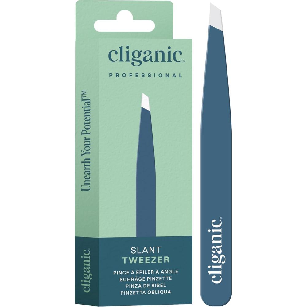 imageCliganic Professional Eyebrow Tweezers Slant Tip Precision for Men amp Women Stainless Steel Best for Plucking Chin Facial HairBlue