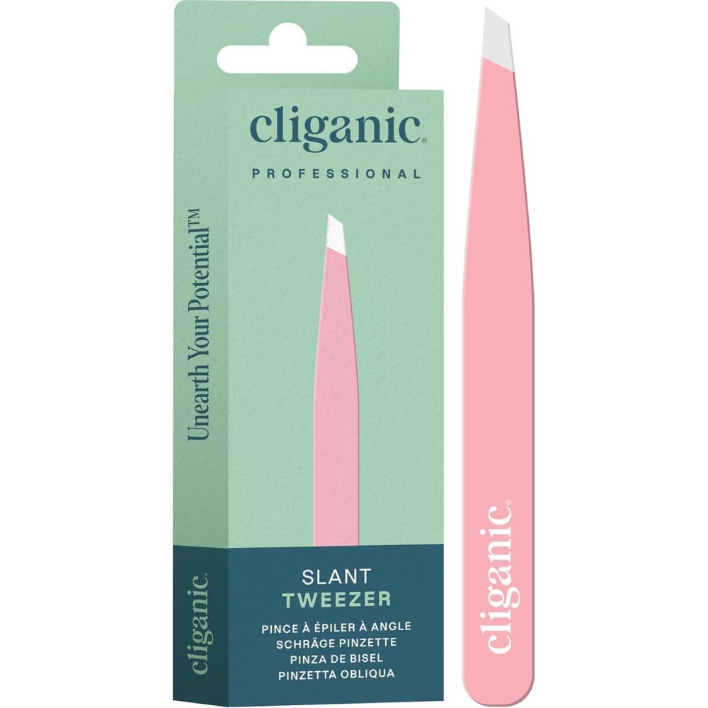 imageCliganic Professional Eyebrow Tweezers Slant Tip Precision for Men amp Women Stainless Steel Best for Plucking Chin Facial HairPink