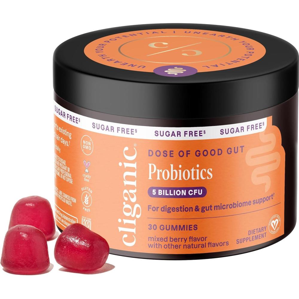 imageCliganic SugarFree Probiotics Gummies for Men amp Women 5 Billion CFU 30Day Supply Berry Flavor Vegan NonGMO Kosher GlutenFree Promotes Digestive Health Balances Gut Microbiome30 Count Pack of 1