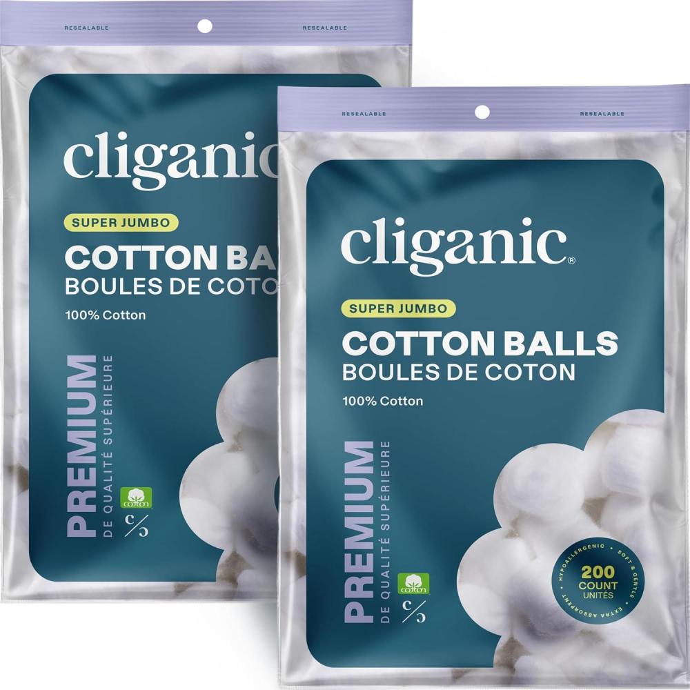 imageCliganic Super Jumbo Cotton Balls 200 Count  Hypoallergenic Absorbent Large Size 100 Pure200 Count Pack of 2