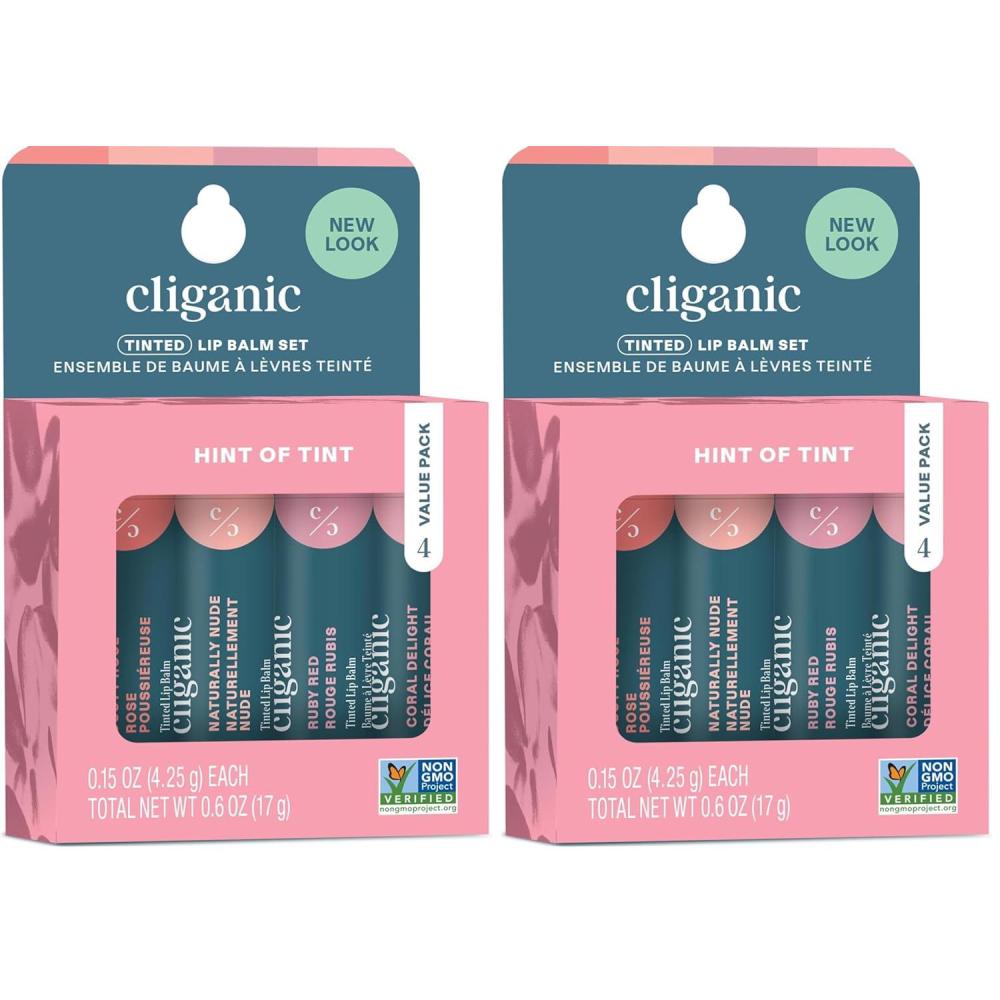 imageCliganic Tinted Lip Balm Set  4 Colors Hydrating Enriched with Vitamin E Cruelty Free Stocking Stuffer Gift06 Ounce Pack of 2