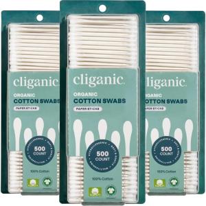 Cliganic Organic Cotton Swabs, 1500 Count – 100% Pure Natural Cotton, Chlorine-Free Hypoallergenic, Soft, Gentle & Absorbent Buds(500 Count (Pack of 3))