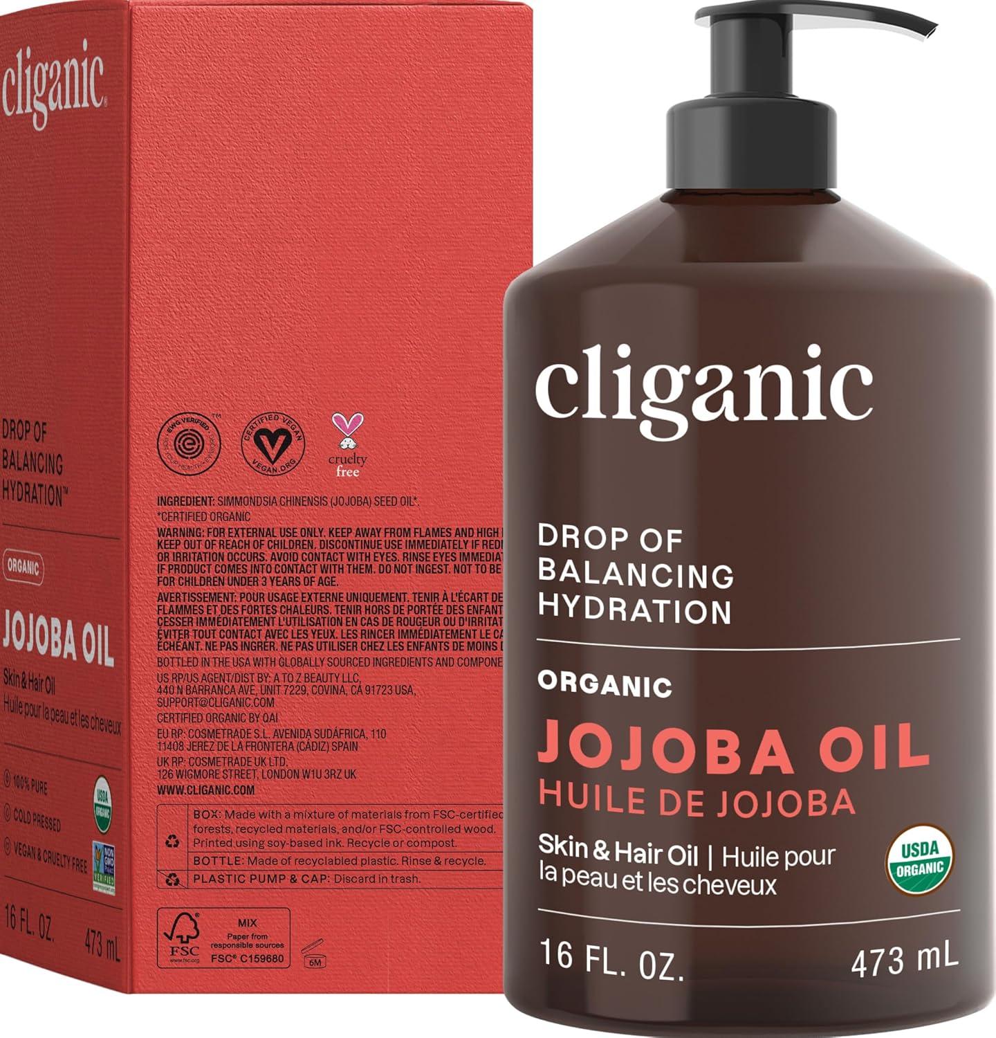 imageCliganic Organic Jojoba Oil 32 oz 100 Pure Bulk Natural Cold Pressed Unrefined Hexane Free Oil for Hair amp Face16 Fl Oz Pack of 1