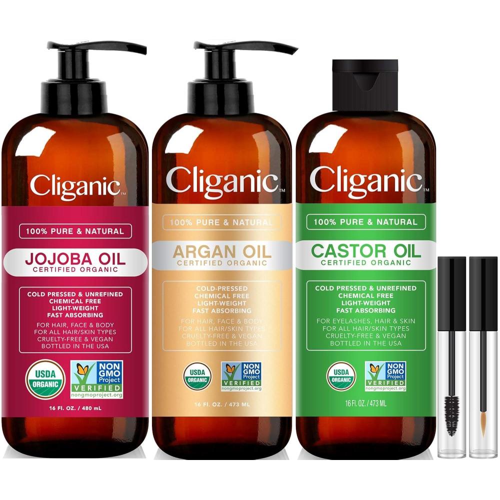 imageCliganic Organic Bulk Carrier Oil Trio  Jojoba Argan amp Castor 16oz each