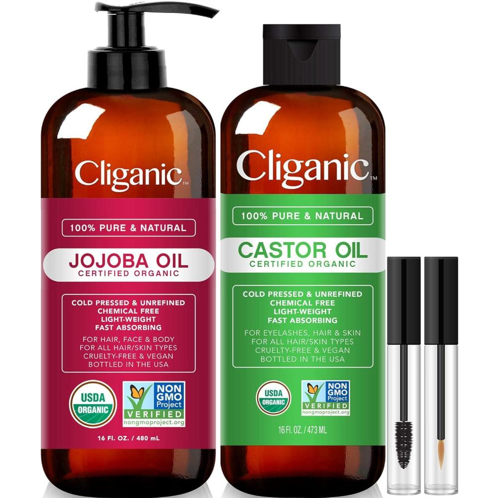 imageCliganic Organic Carrier Oil Duo Jojoba Oil 16oz and Castor Oil 16oz