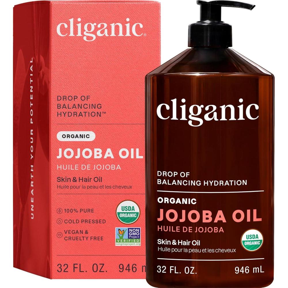 imageCliganic Organic Jojoba Oil 32 oz 100 Pure Bulk Natural Cold Pressed Unrefined Hexane Free Oil for Hair amp Face32 Fl Oz Pack of 1