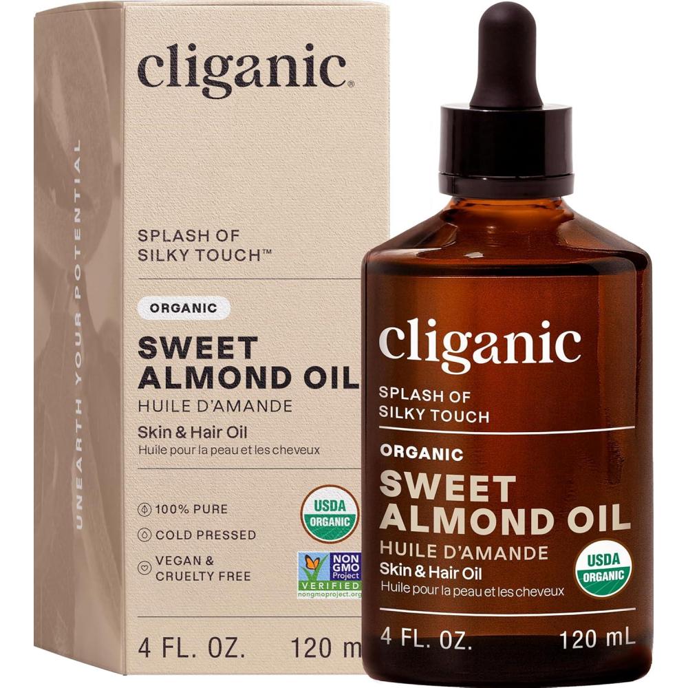 imageCliganic Organic Sweet Almond Oil 100 Pure 8oz for Skin amp Hair Nourishing Carrier Oil for Face amp Body4 Fl Oz Pack of 1