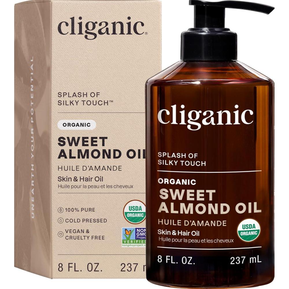 imageCliganic Organic Sweet Almond Oil 100 Pure 8oz for Skin amp Hair Nourishing Carrier Oil for Face amp Body8 Fl Oz Pack of 1