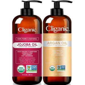 Cliganic Organic Carrier Oil Duo – Jojoba Oil 16oz and Argan Oil 16oz