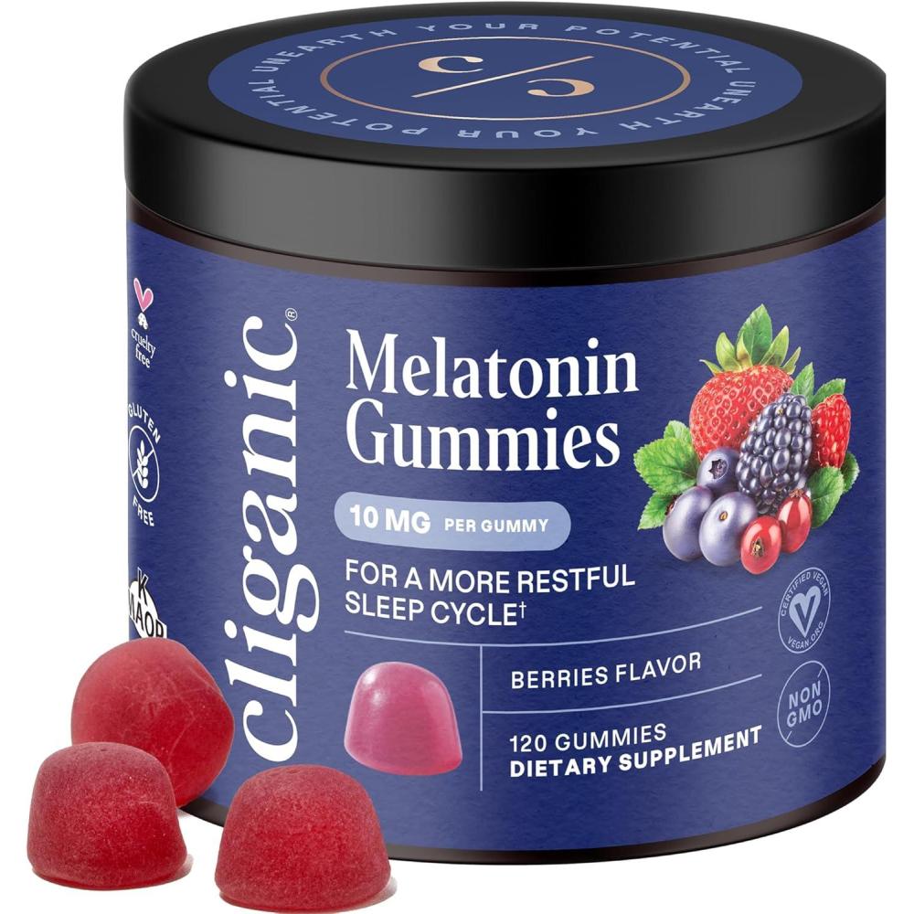 imageCliganic Melatonin Gummies 10 mg 120Day Supply Adult Sleep Aid Berry Flavor Vegan NonGMO Kosher GlutenFree Supplement Helps Regulate Circadian Rhythm amp Promotes Peaceful Nights120 Count Pack of 1