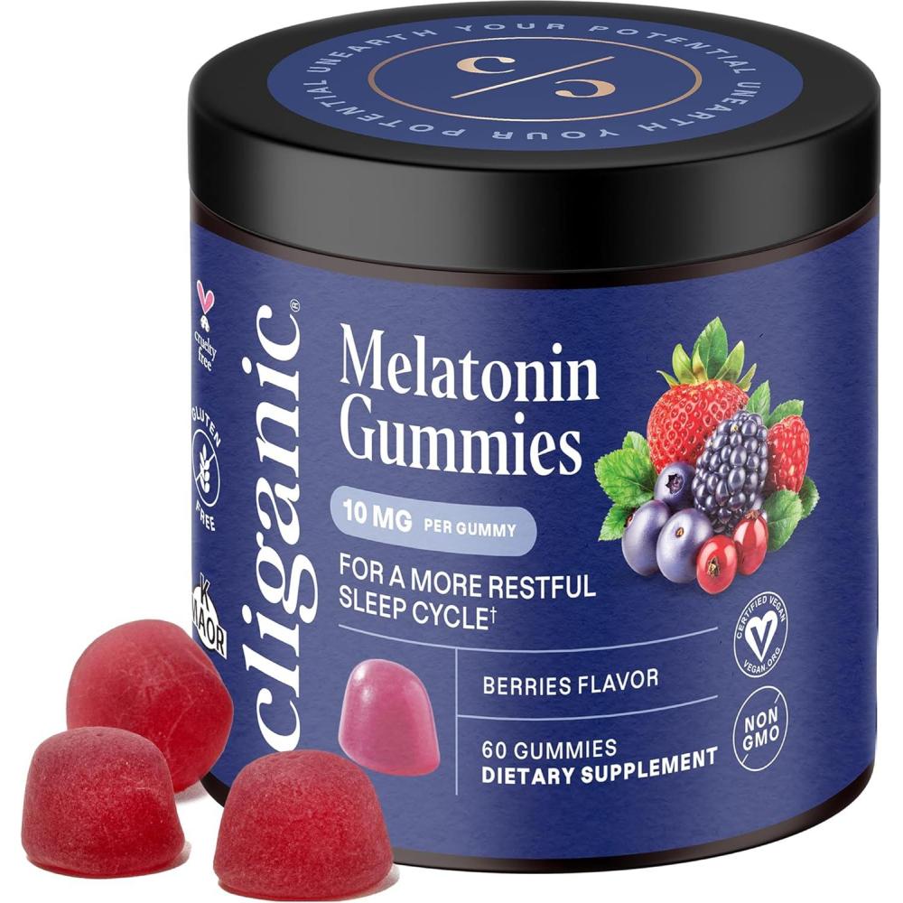 imageCliganic Melatonin Gummies 10 mg 120Day Supply Adult Sleep Aid Berry Flavor Vegan NonGMO Kosher GlutenFree Supplement Helps Regulate Circadian Rhythm amp Promotes Peaceful Nights60 Count Pack of 1