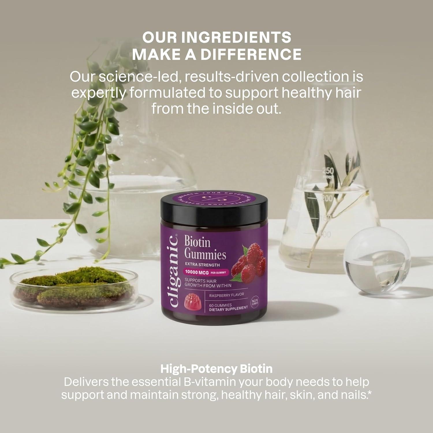 imageCliganic Biotin Gummies Extra Strength 10000 mcg Biotin per Gummy Raspberry Flavored Supplement for Men amp Women NonGMO Supports Hair Growth and Strong Healthy Hair Nails amp Skin 60 Count1 Count Pack of 60