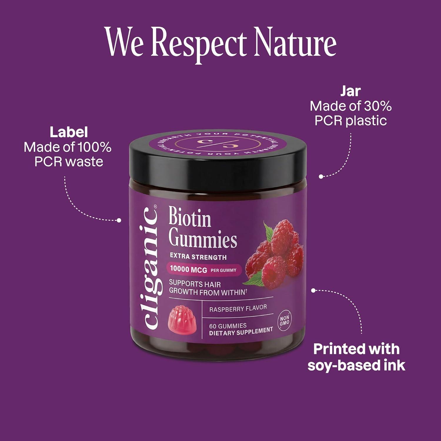 imageCliganic Biotin Gummies Extra Strength 10000 mcg Biotin per Gummy Raspberry Flavored Supplement for Men amp Women NonGMO Supports Hair Growth and Strong Healthy Hair Nails amp Skin 60 Count1 Count Pack of 60