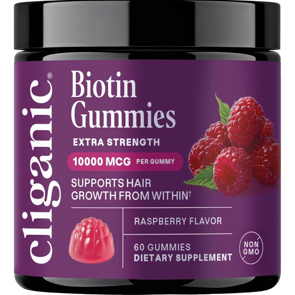 imageCliganic Biotin Gummies Extra Strength 10000 mcg Biotin per Gummy Raspberry Flavored Supplement for Men amp Women NonGMO Supports Hair Growth and Strong Healthy Hair Nails amp Skin 60 Count1 Count Pack of 60