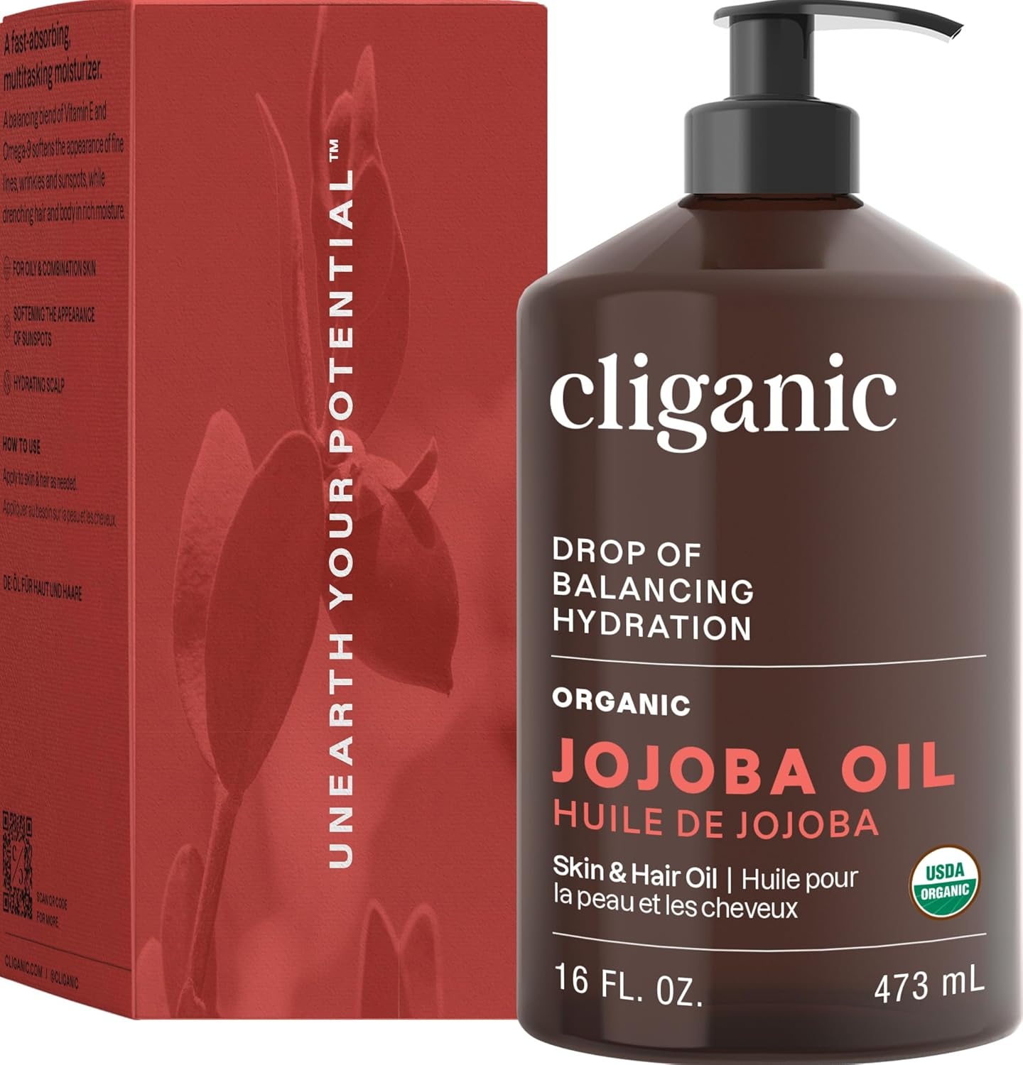 imageCliganic Organic Jojoba Oil 100 Pure 8oz Moisturizing for Face Hair Skin amp Nails Natural Cold Pressed Hexane Free Base Carrier Oil16 Fl Oz Pack of 1
