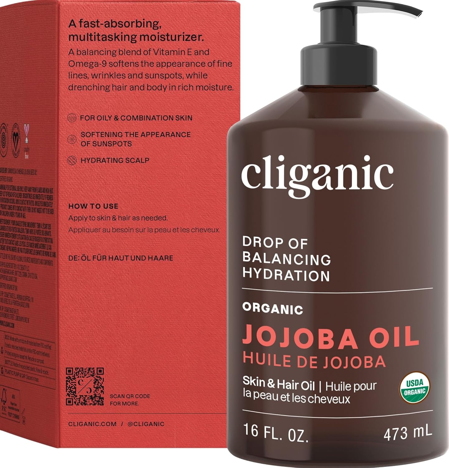 imageCliganic Organic Jojoba Oil 100 Pure 8oz Moisturizing for Face Hair Skin amp Nails Natural Cold Pressed Hexane Free Base Carrier Oil16 Fl Oz Pack of 1