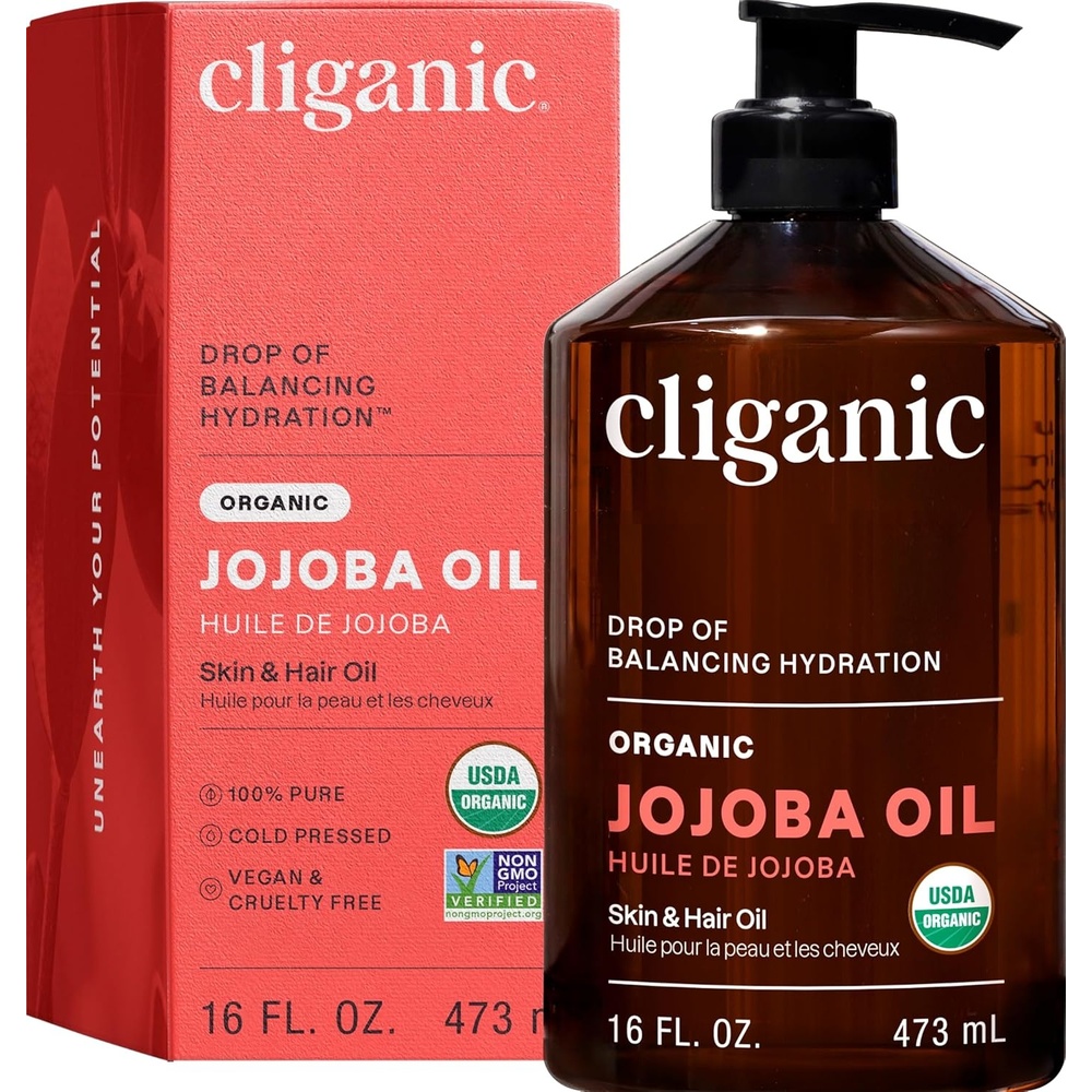 imageCliganic Organic Jojoba Oil 100 Pure 8oz Moisturizing for Face Hair Skin amp Nails Natural Cold Pressed Hexane Free Base Carrier Oil16 Fl Oz Pack of 1