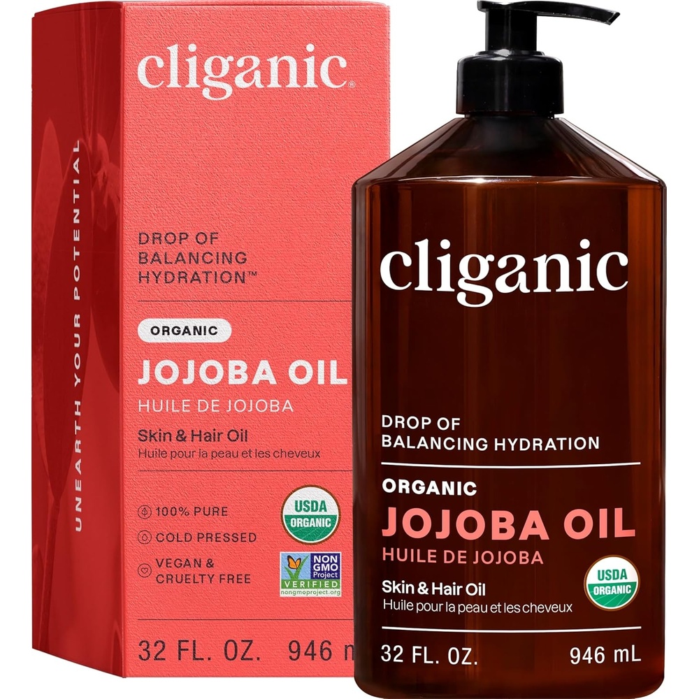 imageCliganic Organic Jojoba Oil 100 Pure 8oz Moisturizing for Face Hair Skin amp Nails Natural Cold Pressed Hexane Free Base Carrier Oil32 Fl Oz Pack of 1
