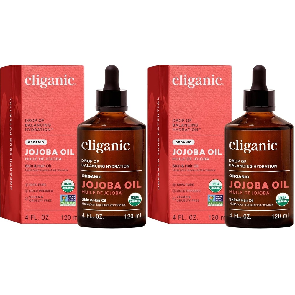 imageCliganic Organic Jojoba Oil 100 Pure 8oz Moisturizing for Face Hair Skin amp Nails Natural Cold Pressed Hexane Free Base Carrier Oil4 Fl Oz Pack of 2