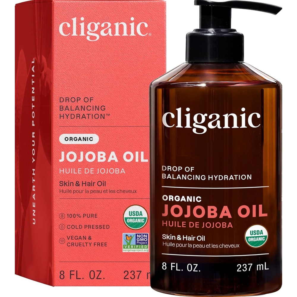 imageCliganic Organic Jojoba Oil 100 Pure 8oz Moisturizing for Face Hair Skin amp Nails Natural Cold Pressed Hexane Free Base Carrier Oil8 Fl Oz Pack of 1
