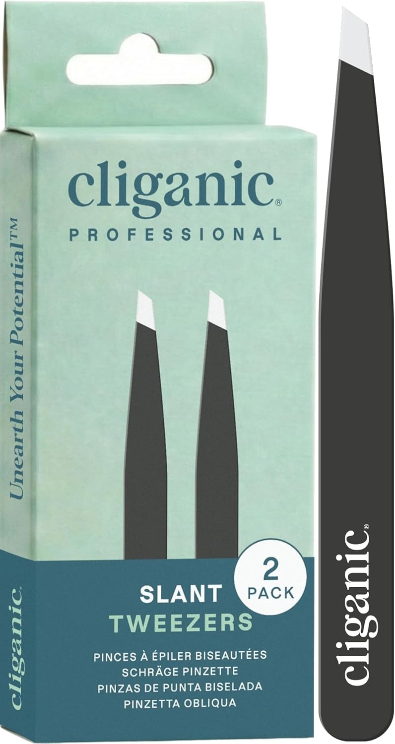 image:imageCliganic Professional Eyebrow Tweezers Slant Tip Precision for Men amp Women Stainless Steel Best for Plucking Chin Facial HairBlack