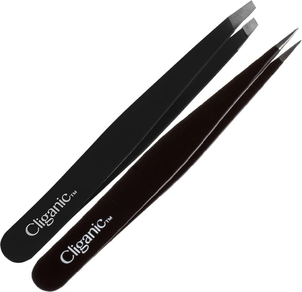 image:imageCliganic Professional Eyebrow Tweezers Slant Tip Precision for Men amp Women Stainless Steel Best for Plucking Chin Facial HairBlack