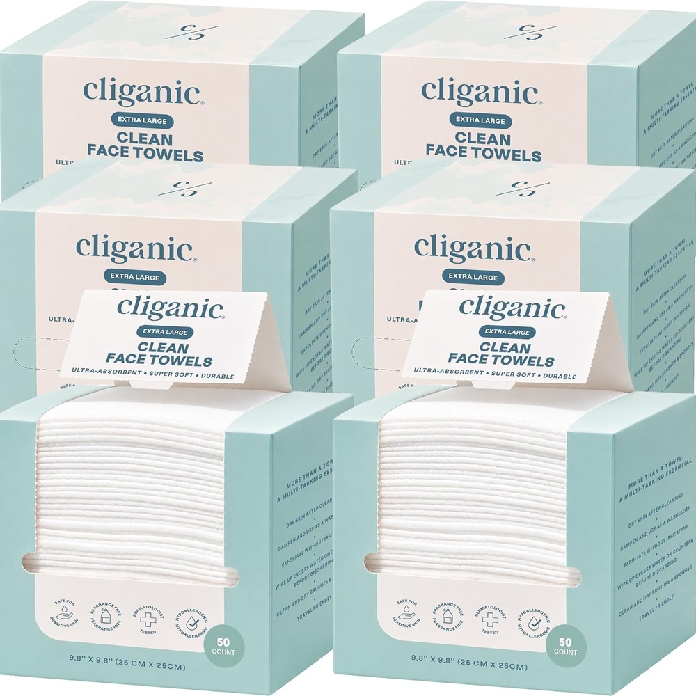 image:imageCliganic Clean Face Towels XL MultiPack 300 Count Disposable UltraAbsorbent Hypoallergenic amp Soft Makeup Remover Dry Wipes Pamper Your Face Hygienic Towelettes for All Skin Types50 Count Pack of 6