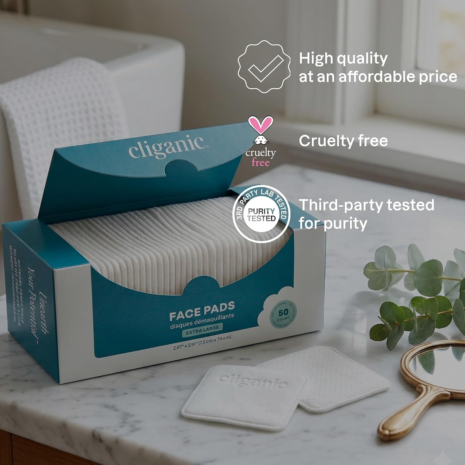 image:imageCliganic Premium Cotton Rounds for Face Bulk 1200 Count Makeup Remover Pads Hypoallergenic LintFree 100 Pure Cotton50 Count Pack of 2