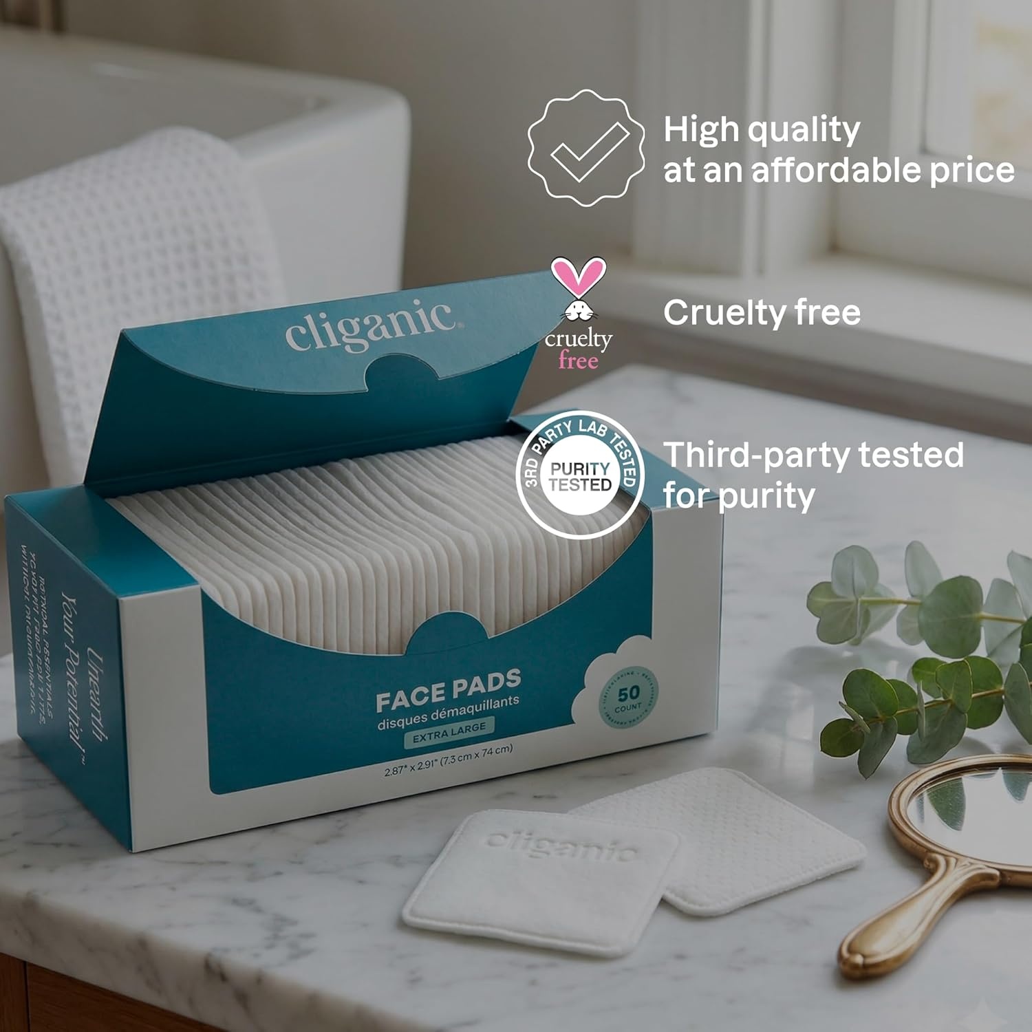 image:imageCliganic Premium Cotton Rounds for Face Bulk 1200 Count Makeup Remover Pads Hypoallergenic LintFree 100 Pure Cotton50 Count Pack of 4