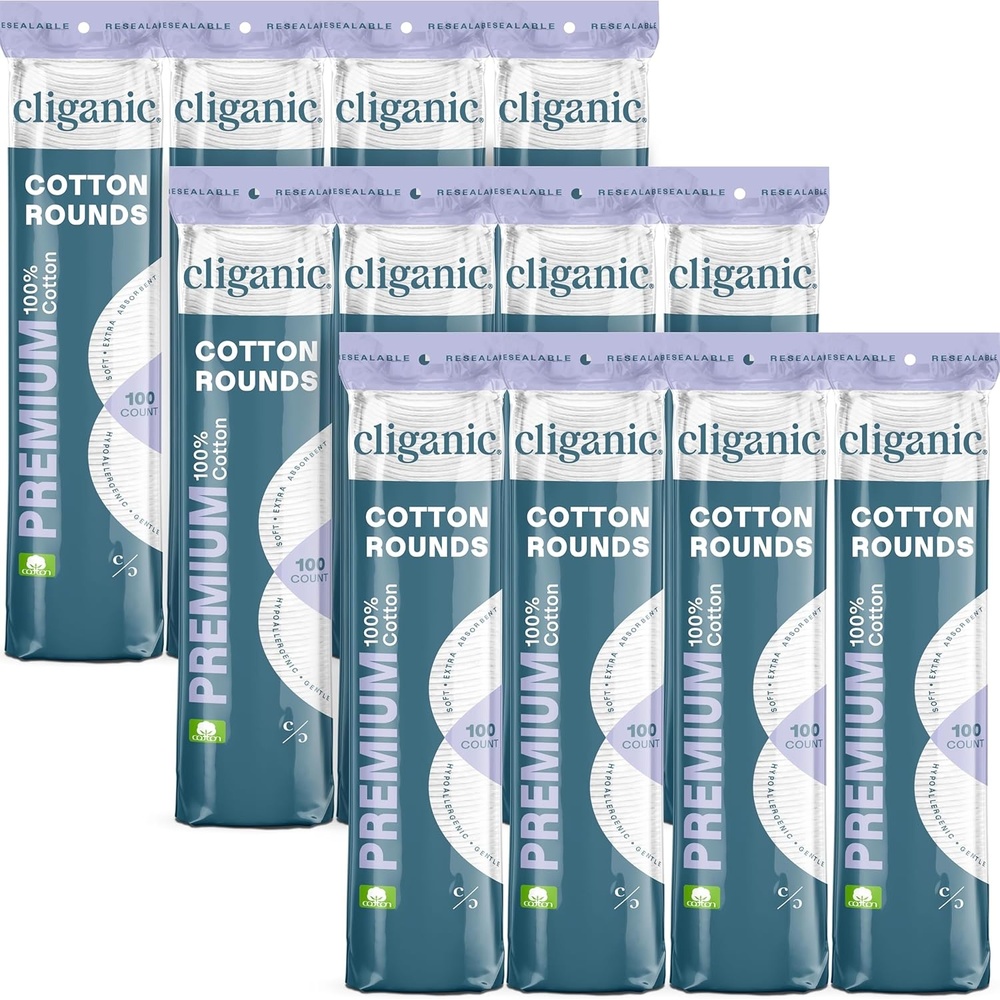 image:imageCliganic Premium Cotton Rounds for Face Bulk 1200 Count Makeup Remover Pads Hypoallergenic LintFree 100 Pure Cotton100 Count Pack of 12