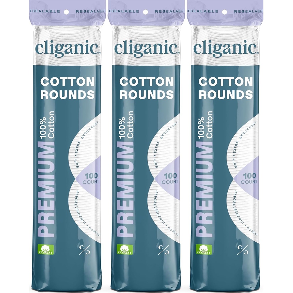 image:imageCliganic Premium Cotton Rounds for Face Bulk 1200 Count Makeup Remover Pads Hypoallergenic LintFree 100 Pure Cotton100 Count Pack of 3